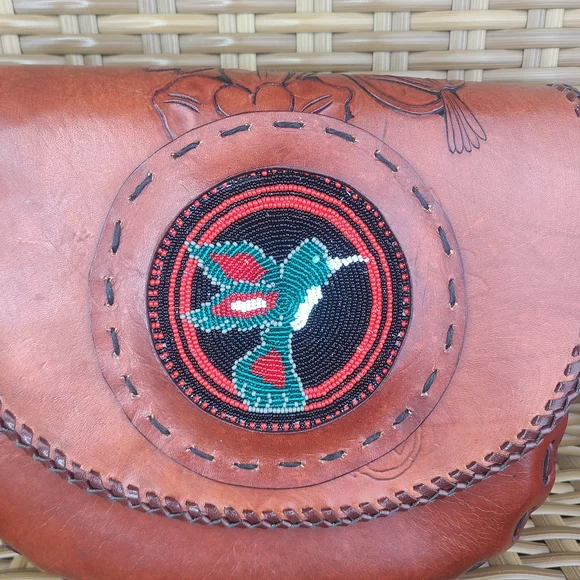 Handcrafted Brown Leather Crossbody Bag Beaded Embossed Humming Bird Design - Picture 2 of 16